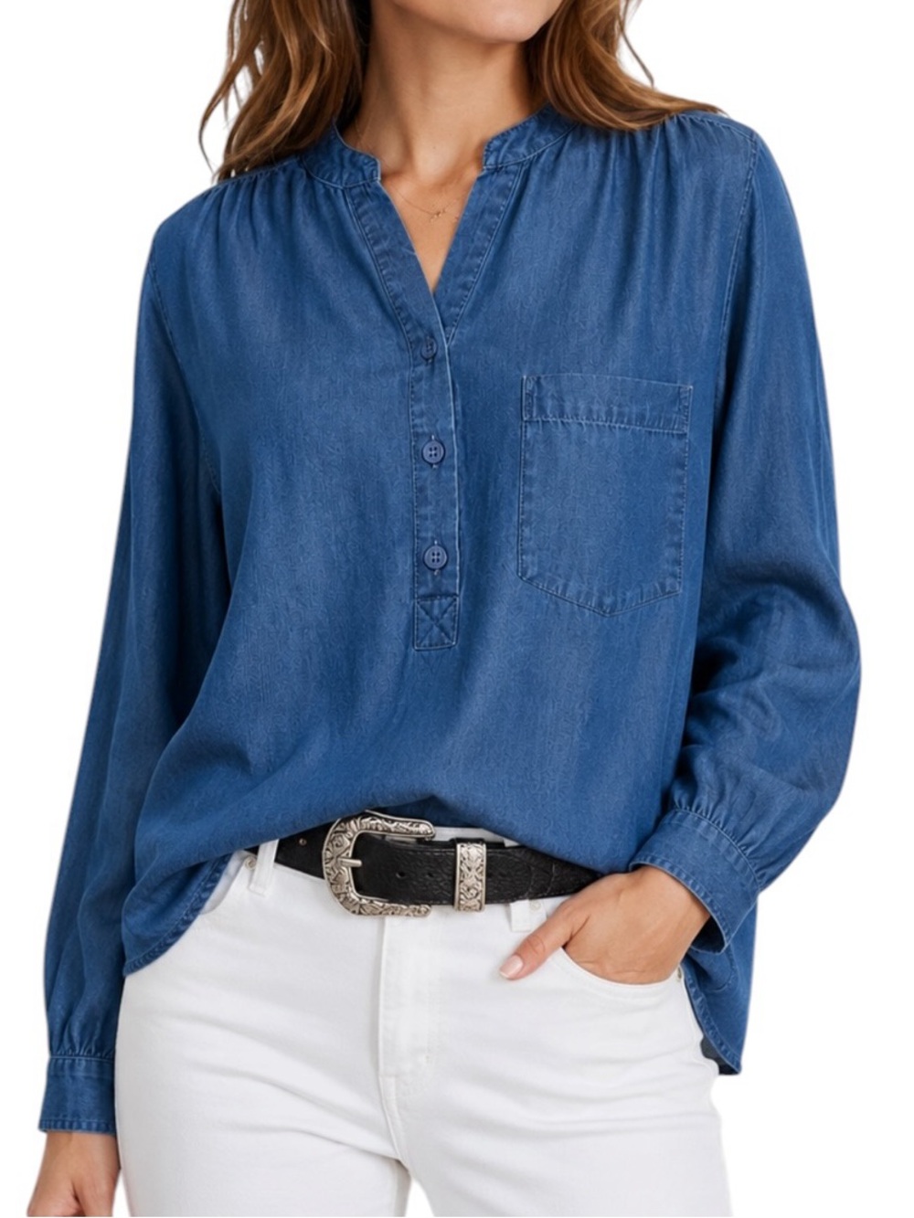 Alison Andrews Indigo Chambray Lyocell Tunic XL Half Button Flowy Top